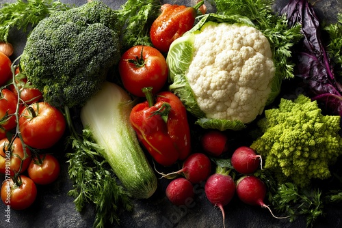 Fresh Vegetables Including Broccoli Cauliflower Tomatoes Red Peppers Radishes and Leafy Greens in Dark Background