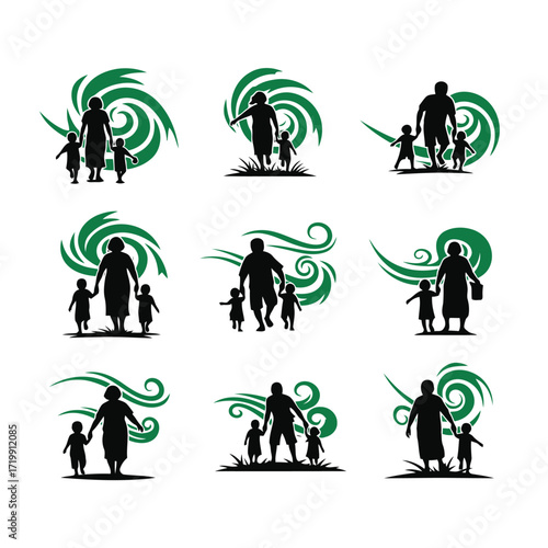 Vector art of family silhouettes walking together with swirling green abstract background