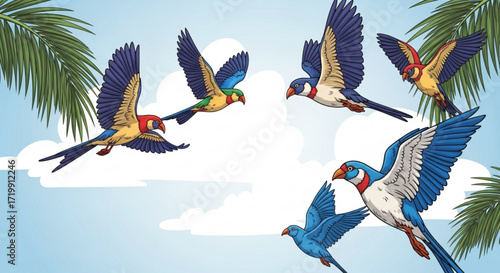 A flock of colorful parrots soaring through the sky, their wings spread wide in graceful flight, creating a vibrant and exotic scene in the tropical air