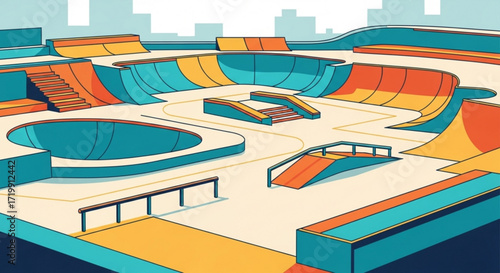 A vibrant skatepark illustration, perfect for skateboarding enthusiasts, urban culture lovers, and extreme sports fans, adding a dynamic touch to any project