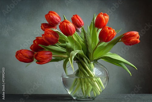 Red Tulips in Clear Glass Vase on Dark Background