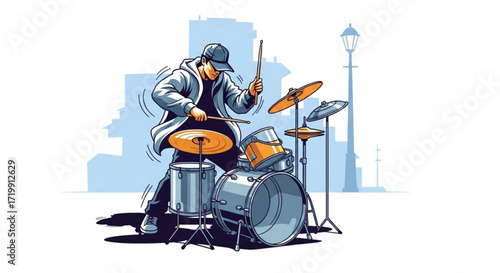 An energetic illustration of a street drummer passionately playing his drum set, with a stylized cityscape in the background, showcasing rhythm and urban life