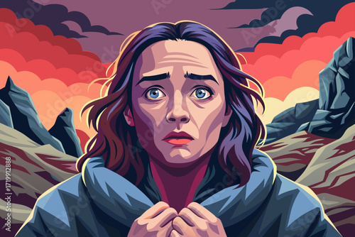 Vector portrait of a scared bearded man holding his hands up in fear or shock. Emotional expression artwork for posters, comics, illustration, and design projects