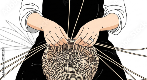 Closeup illustration of hands weaving a basket, perfect for crafts, hobbies, and traditional art projects