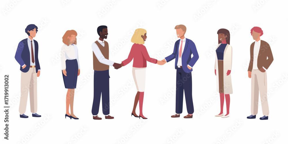 Fototapeta premium Diverse group of business professionals in formal attire standing together and shaking hands in agreement