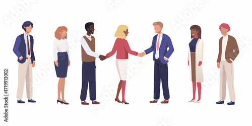 Diverse group of business professionals in formal attire standing together and shaking hands in agreement
