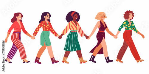 Diverse group of women holding hands and walking together in solidarity and unity