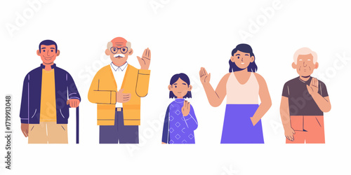 Diverse group of people of different ages and genders waving hello and smiling against a white background