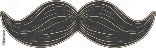 Handdrawn illustration of a thick darkgrey handlebar mustache with detailed textured hair strands.