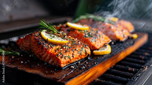 A shot from the side of a grill, capturing the moment a cedar plank holding a large fillet of salmon is lifted off the grill grates