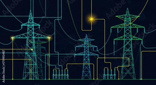 Electricity power grid with pylons, showcasing energy transmission and distribution network for industrial and technological applications