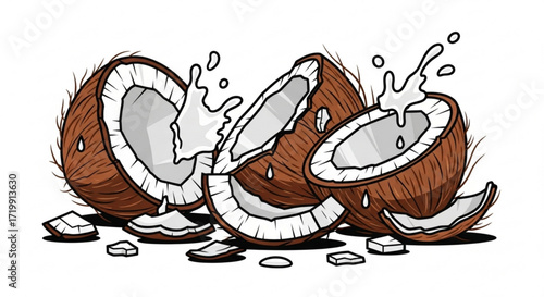 Illustration of coconuts with splashing milk, fresh and tropical fruit with a refreshing taste, perfect for summer drinks and desserts