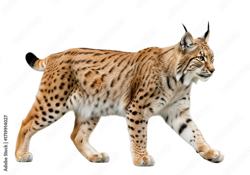 Obraz premium A lynx in a side profile view, against a pure black background, showcasing its spotted coat and alert posture.