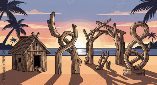 Serene beach scene featuring driftwood sculptures and a small hut at sunset, evoking a sense of tranquility and natural beauty with palm trees and calm water