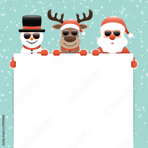 Schneemann Rentier Und Weihnachtsmann Sonnenbrille Mit Schild Schnee Türkis
