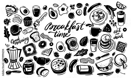 Hand-drawn breakfast illustration set with coffee, tea, eggs, toast, fruits, pancakes, and cereals. Vintage black and white food poster design, perfect for cafe decor, menu, or kitchen wall art.