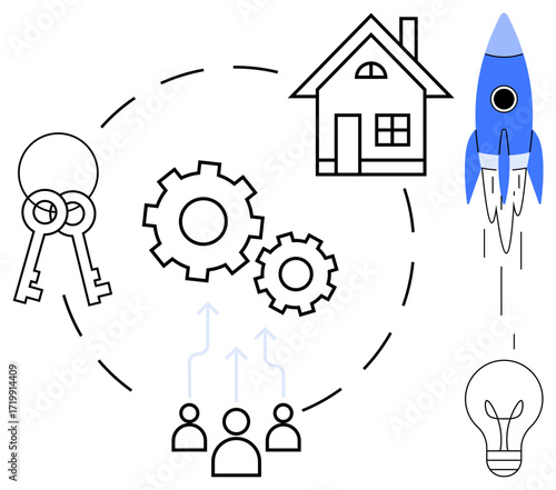 Keys, gears, a house, rocket, and light bulb interconnected by dashed lines representing teamwork, innovation, business growth, home management problem-solving and startup ideas. Ideal