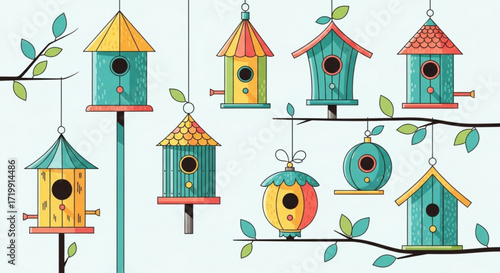 A whimsical collection of colorful birdhouses, each with unique designs and charming details, nestled among leafy branches