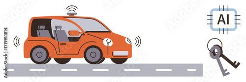 Orange self-driving car with AI chip and digital key. Ideal for automation, innovation, technology, transportation, connectivity, security, intelligence. Simple flat metaphor