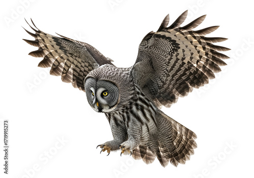 A majestic grey owl soars through a black backdrop, showcasing intricate wing patterns and focused gaze.