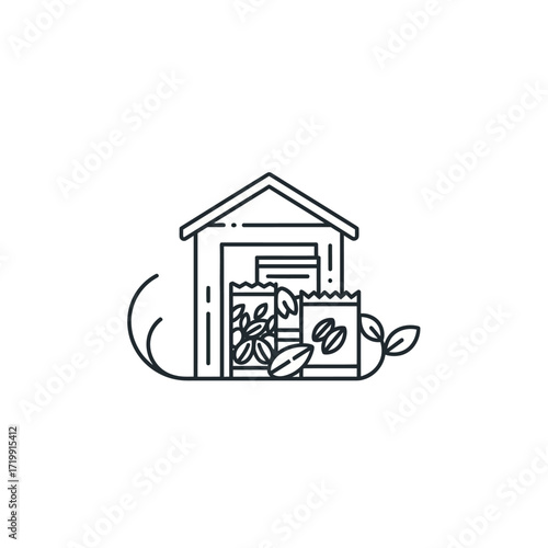 Outline icon of a farm storage shed or warehouse with sacks of harvested coffee beans and grain, symbolizing agriculture and produce