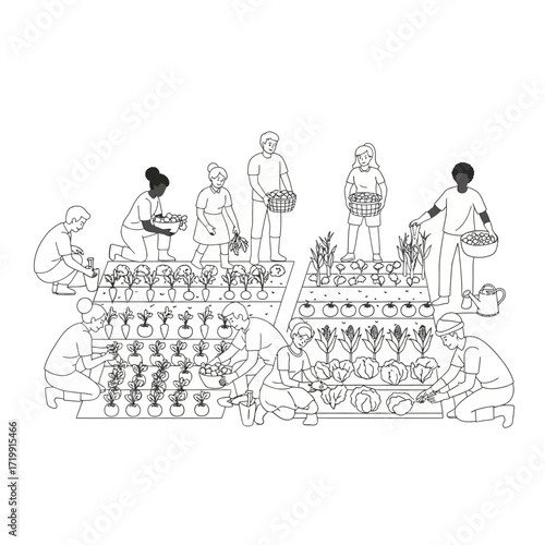 Community garden project illustrating sustainable food cultivation with diverse individuals tending to thriving vegetable crops and young plants