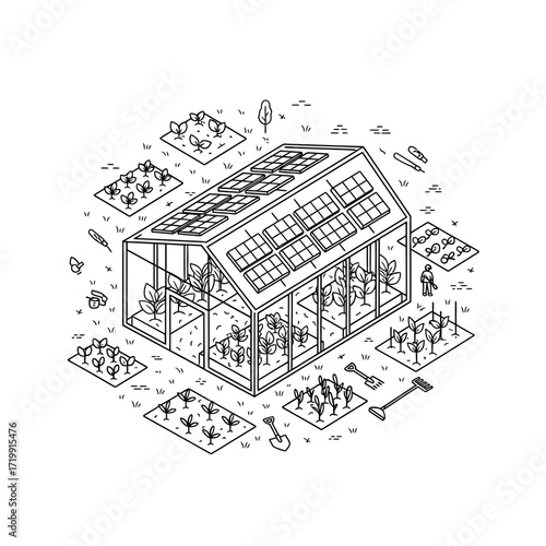 Isometric illustration of a solar-powered greenhouse with surrounding garden plots, depicting sustainable agriculture.