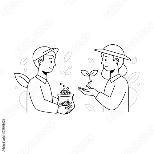 A man offers seeds to a woman who holds a sprouting plant, symbolizing growth and nature.