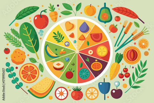 Colorful Healthy Food Diet Wheel with Assorted Produce Keywords: food, healthy eating, diet