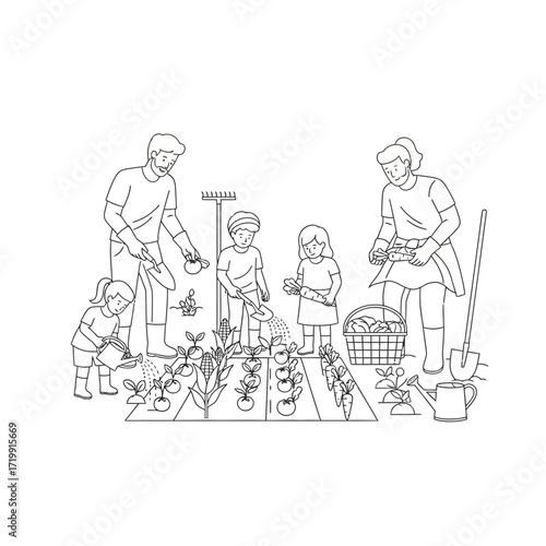 A family tending a garden, watering plants, and harvesting vegetables together.