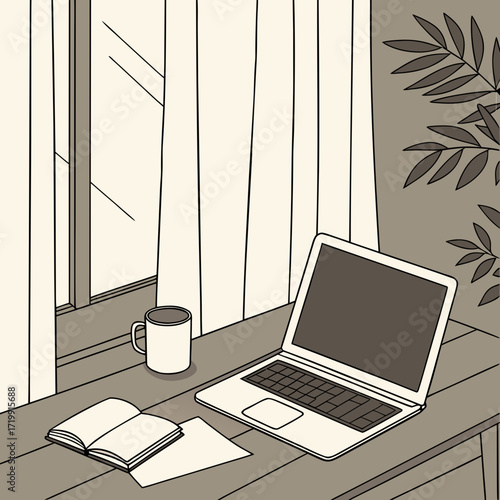 Minimalist Home Office Desk with Laptop and Coffee Mug