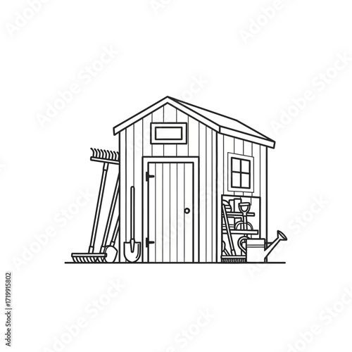 Outlined garden shed with gardening tools displayed.