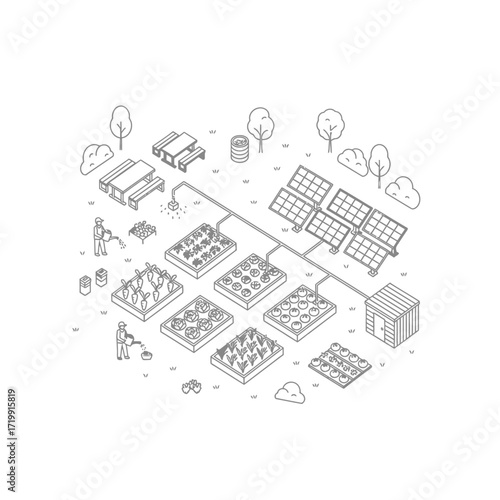 Sustainable Urban Farm An Isometric Illustration of Eco-Friendly Agriculture and Renewable Energy