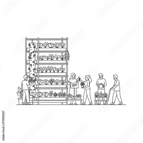 People interacting and working in an indoor vertical farm, tending to plants.