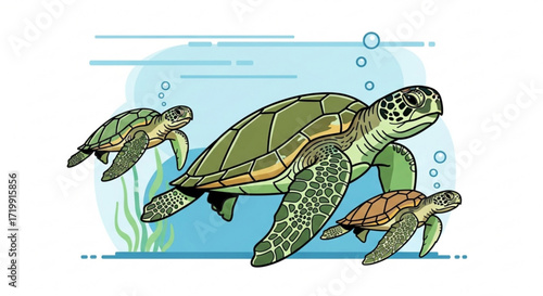 Illustration of sea turtles swimming in the ocean, depicting marine life and underwater environment with bubbles and seaweed