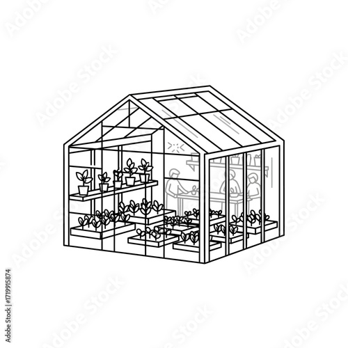 Illustration of a greenhouse with plants on shelves and two people working inside, depicted in a simple, black and white line drawing.