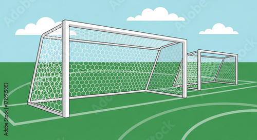 Two soccer goals on a green field with white lines and a blue sky with clouds, creating a scene of a sports venue