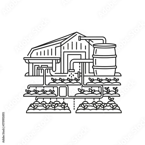 Hydroponic System Illustration Showcasing Greenhouse and Water Reservoir