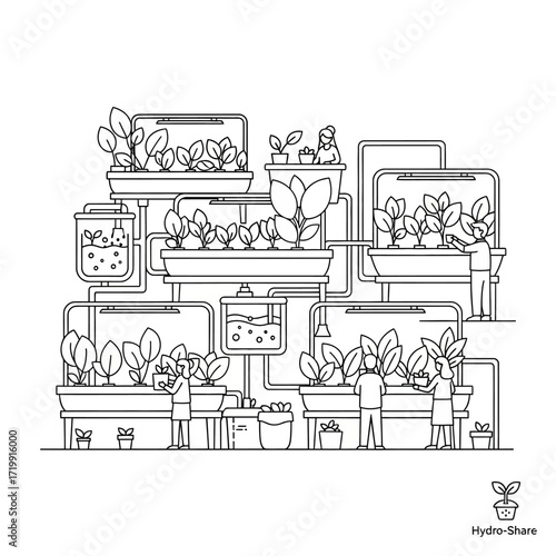 Illustration depicting an interconnected hydroponic system with people tending to plants and containers.