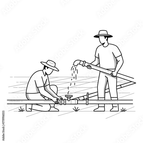 Agricultural workers managing a farm irrigation system, installing pipes and watering crops in the field, highlighting water supply and sustainable farming practices