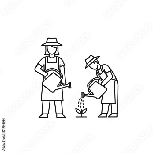 Two figures in aprons and hats, watering a plant with watering cans.
