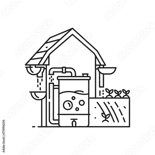 Line art icon of a sustainable rainwater harvesting system. A modern eco-friendly solution for collecting roof runoff to irrigate a home garden