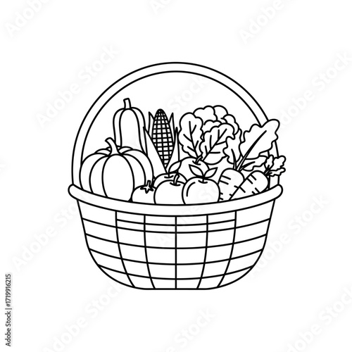A black and white illustration of a wicker basket overflowing with fresh, healthy produce.