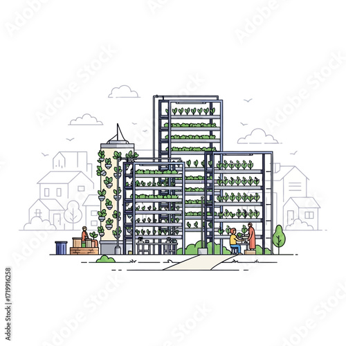 Illustration of urban farming with vertical gardens integrated into modern buildings and people tending to the plants.