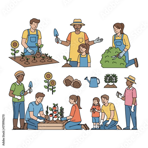 Happy diverse individuals and families enjoying gardening activities, planting, growing, and harvesting fresh produce, symbolizing sustainable living and community connection
