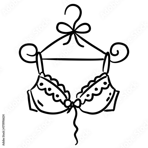 Lacy bra on hanger lines Line Art Illustration for Bachelorette Party Celebration Festive Drink Outline Drawing for Invitations Greeting Cards and Party Decor