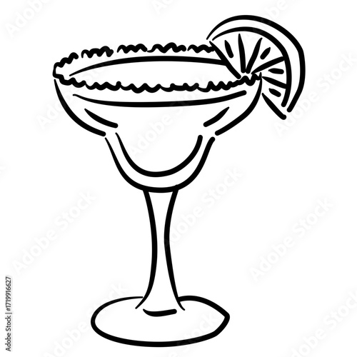 Margarita glass with salt rim Line Art Illustration for Bachelorette Party Celebration Festive Drink Outline Drawing for Invitations Greeting Cards and Party Decor