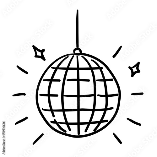 Disco ball basic sphere with grid lines Line Art Illustration for Bachelorette Party Celebration Festive Drink Outline Drawing for Invitations Greeting Cards and Party Decor
