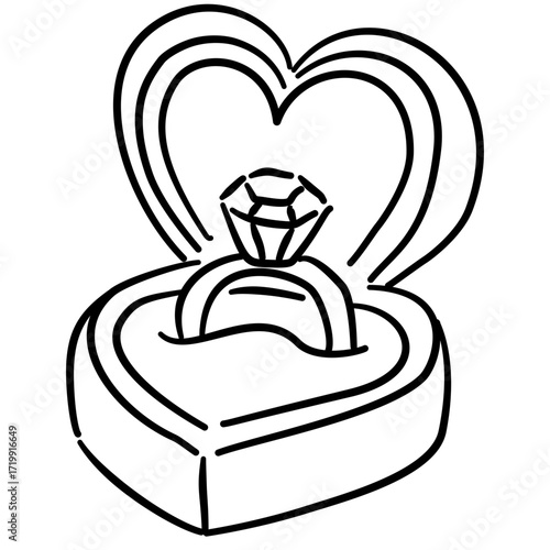 Heart shaped ring box Line Art Illustration for Bachelorette Party Celebration Festive Drink Outline Drawing for Invitations Greeting Cards and Party Decor