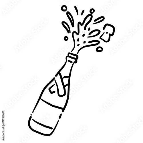 A bottle of champagne splashing Elegant Line Art Illustration for Bachelorette Party Celebration Festive Drink Outline Drawing for Invitations Greeting Cards and Party Decor